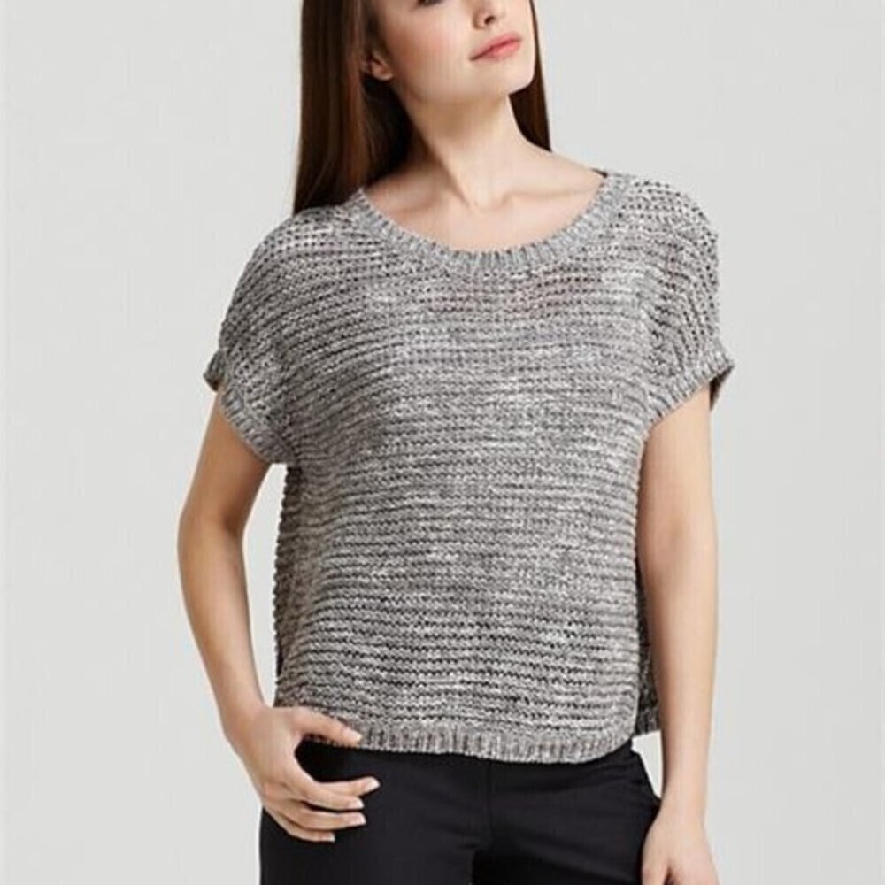 EILEEN FISHER Gray Wonder Stitch Open Knit Boat Neck Short Sleeve Top Size XS